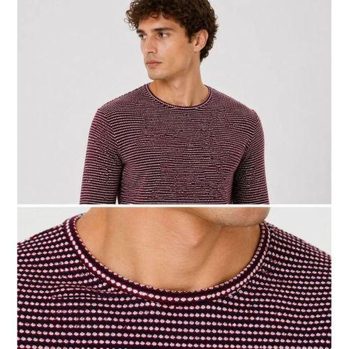 Erkek Dokulu Çizgili Uzun Kollu Tişört Oval Kesim - Bordo