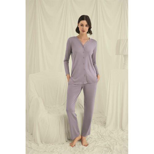 Uzun Kollu Düğmeli V Yaka Pijama Takımı