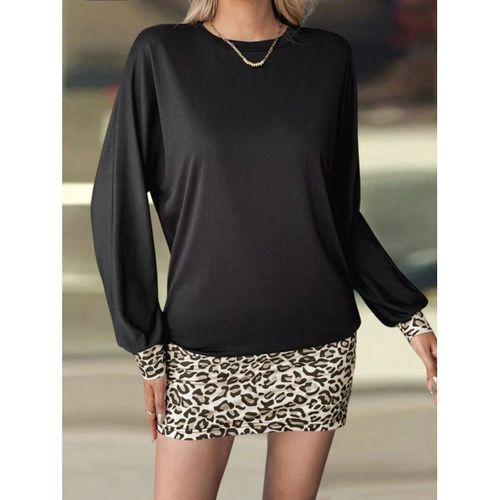 Kadın Uzun Kollu Bisiklet Yaka üst Viskon Iki Iplik Alt Leopar Desenli Mini Elbise
