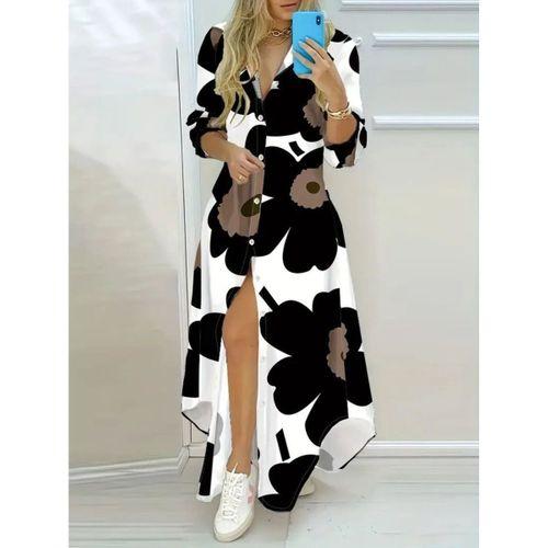 Kadın Yakalı önden Düğmeli çiçek Desenli Uzun Süprem Elbise