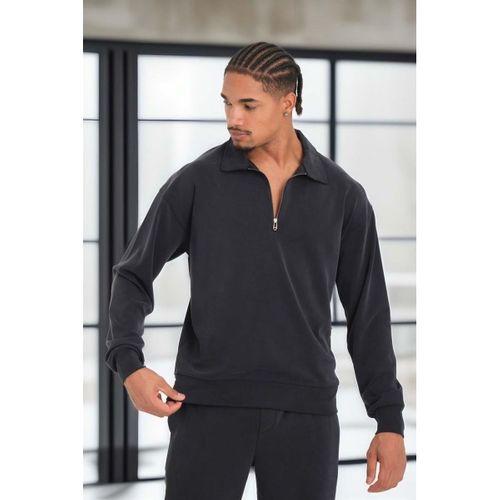 Scuba Modal Kumaş Relaxed Fit Yarım Fermuarlı Polo Yaka Erkek Sweatshirt - Siyah