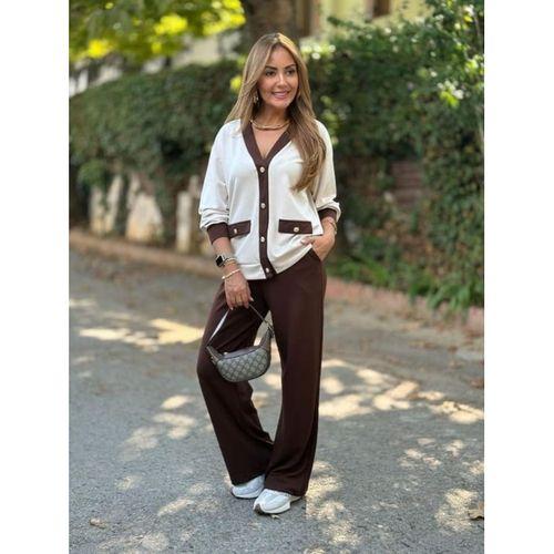 Kadın Uzun Kollu Ribanali Cep Detay Hırka Ve Bol Paça Pantolon Ikili Takım