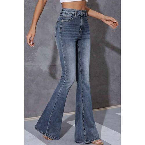 Kadın Yüksek Bel Fermuarlı İspanyol Paçalı Kot Pantolon