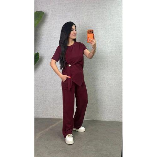 Kadın Kısa Kollu Bisiklet Yaka Yandan Toka Detaylı Viskon Iki Iplik Bluz Ve Pantolon Ikili Takım