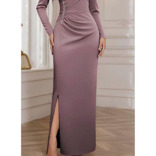 Kadın Uzun Kollu Kruvaze Yakalı Yanları Taşlı Yırtmaçlı Uzun Ithal Krep Elbise