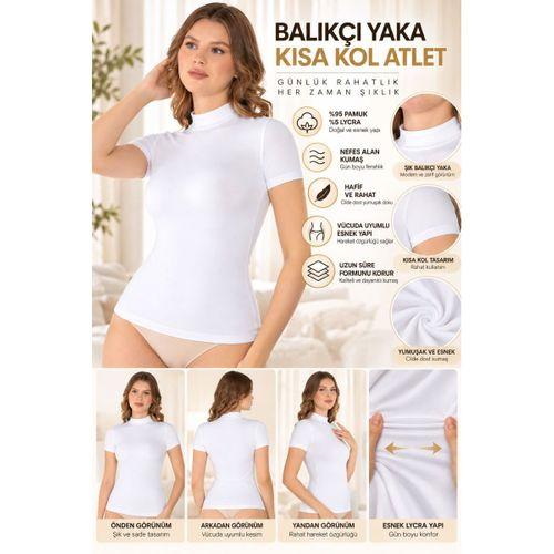 Kadın Balıkçı Yaka Kısa Kol Atlet Beyaz, Esnek Kumaş, Vücuda Oturan Basic Body - ryl - 2611