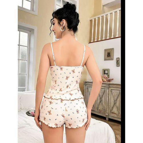Ayıcık Desenli Dantel İşlemeli Askılı Şortlu Pijama Takımı