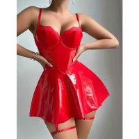 Kırmızı Parlak Deri Şık Bacak Bantlı Fantezi Club Elbise