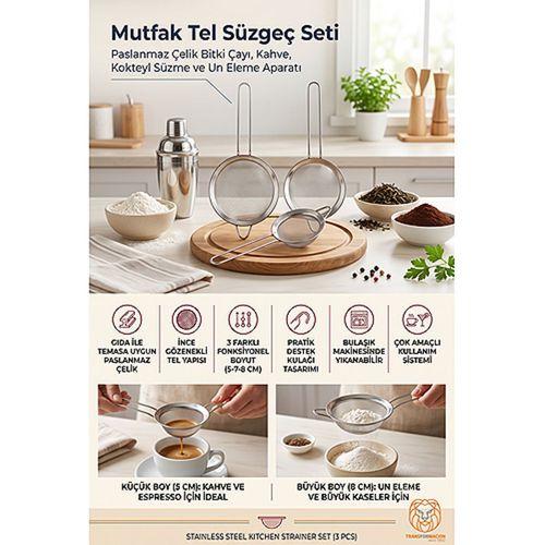Mutfak Tel Süzgeç Seti 3'lü (5-7-8 cm) - Paslanmaz Çelik Bitki Çayı, Kahve, Kokteyl Süzme ve Un Eleme Aparatı 723378