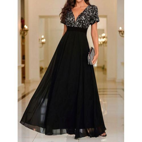 Kadın Kısa Kollu Derin V Yakalı A Kesim Pulpayet Detaylı şifon Nedime Elbisesi