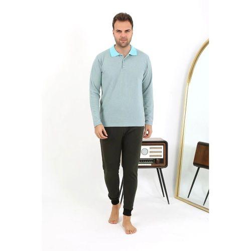 Erkek Polo Yaka Uzun Kol Penye Pijama Takımı Su Yeşili