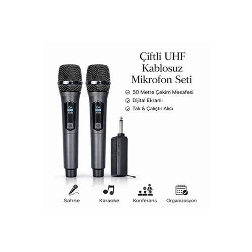 Profesyonel Çiftli Kablosuz Mikrofon Seti Karaoke Şarj Edilebilir 50 Metre