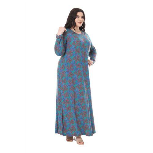 Melsay Butik Mavi Kırmızı Mercan Desen Uzun Kollu Kadın Elbise