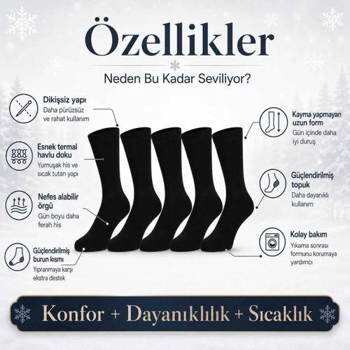 Erkek Siyah Kışlık Termal Havlu Çorap 6'lı | Dikişsiz Esnek, Sıcak Tutan, Güçlü Topuk Burun