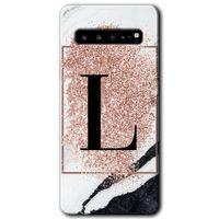 MRCİLETİSİM MRCİLETİSİM Samsung Galaxy S10 Plus Kılıf HD Desen Baskı Arka Kapak + TemperliCam - Pembe Mermer Desenli L Harf