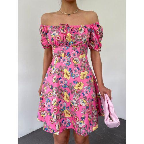 Yakası Lastikli Bağcık Detaylı Mini Elbise -Pembe