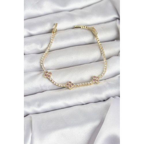 Pembe Yonca Detaylı Zirkon Taşlı Gold Renk Pirinç Su Yolu Kadın Bileklik