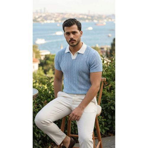 Erkek Desenli Kısa Kollu Triko Tişört - %100 Pamuk Akrilik