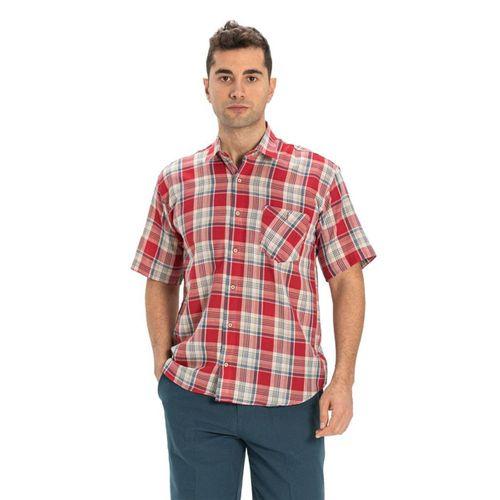 Büyük Beden Kısa Kol Şile Bezi Tek Cepli Erkek Yazlık Gömlek Kırmızı Lacivert Ekose 3057