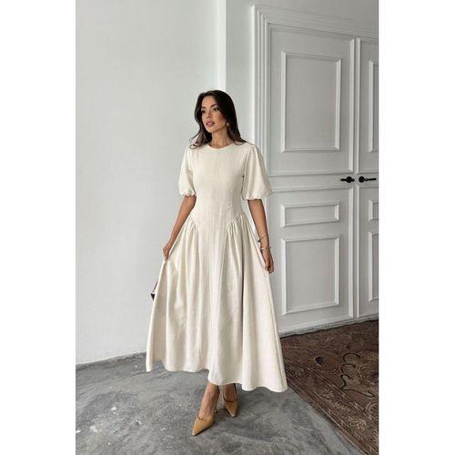 Bej Arkadan Bağlamalı Büzgülü Keten Elbise