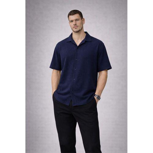 Yarım Oversize Apaş Yaka Kısa Kol Müslin Kumaş Erkek Gömlek - Lacivert