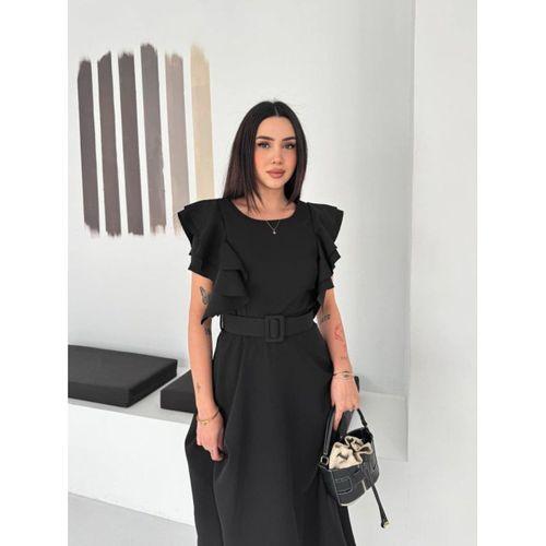 Kadın Bisiklet Yaka Kollar Fırfırlı Kemer Dahil Double Kumaş Midiboy Elbise