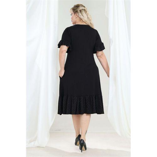 Melsay Butik Siyah Kolları Taş Baskılı Fırfırlı Kısa Kollu Kadın Midi Elbise