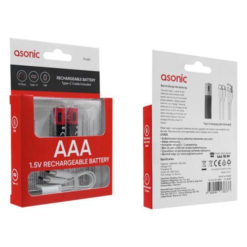 ASONIC PL400, AAA, Şarjlı Pil, 1.5Volt, 400mAh/750mwh, Type-C ile Kolay Şarj,  2 li Paket (USB To Type-C Kablo Hediye)