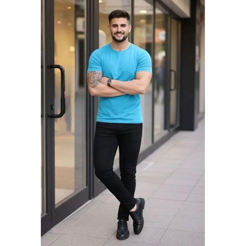 Erkek T-Shirt Bisiklet Yaka Slim Fit Dar Kesim Likralı Tişört Günlük Basic Body - Açık Mavi