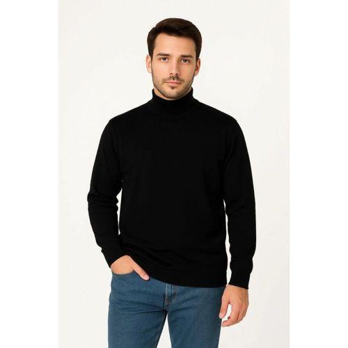 Erkek Yarım Boğaz Triko Kazak Yumuşak Dokulu Pamuklu Ince Dokuma, Uzun Kollu Rahat Regular Kalıp - Siyah