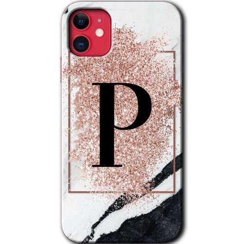 MRCİLETİSİM iPhone 11 Kılıf HD Desen Baskılı Arka Kapak + Temperli Cam - Pembe Mermer Desenli P Harfi