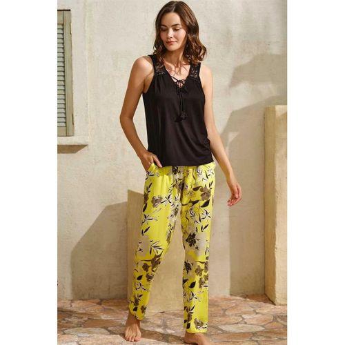 Sıfır Kol V Yaka Viskon Çiçek Desenli Yazlık Uzun Uzun Paçalı Dantel Detaylı Pijama Takımı