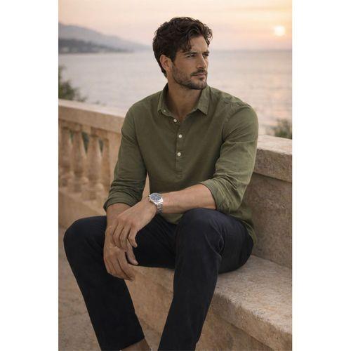 Yarım Pat Yakalı York Pamuk Kumaşlı Uzun Kollu Erkek Gömlek - Açık Haki