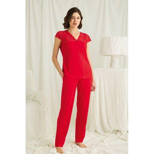 Yakası Kolu Ve Omzu Dantelli Önü Düğmeli Pijama Takımı