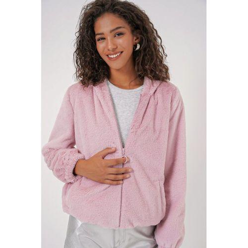 5091 Kapşonlu Kürklü İçi Astarlı Mont - Pudra