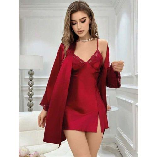 Bordo İnce Askılı Saten 2'li Gecelik Sabahlık Takımı