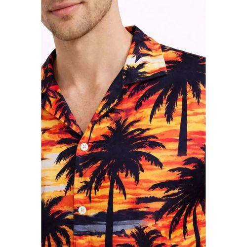 Erkek Gün Batımı Palmiye Desenli Kısa Kol Gömlek Hawaii Tarz Yazlık Rahat Kalıp - Desenli
