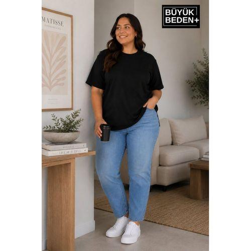 Süperlife Büyük Beden Kadın Bisiklet Yaka Yırtmaç Detaylı 3XL-6XL Tunik Tişört SPR26BTSK501