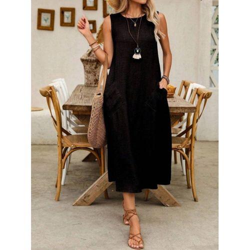 Kadın Askılı Yuvarlak Yakalı Kıloş Cepli Uzun Elbise