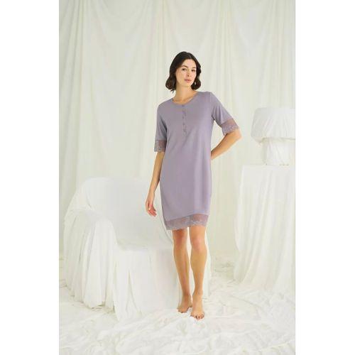 Dantel Detaylı Kısa Kollu Ve Önü Düğmeli Gecelik