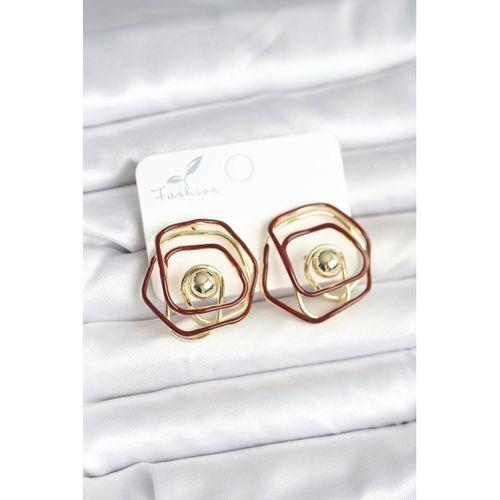 Pirinç Gold Renk Bordo Mineli Geometrik Gül Model Kadın Küpe