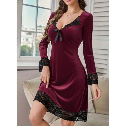 Kadın Uzun Kollu V Dantel Yakalı Mini Kadife Elbise