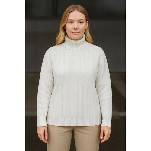 Balıkcı Yaka Bağazlı Triko Kazak Pamuklu Kalın Fitilli Dokuma - Beyaz