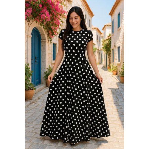 Kadın Kısa Kollu Bisiklet Yaka Puantiyeli Maksi örme Krep Elbise