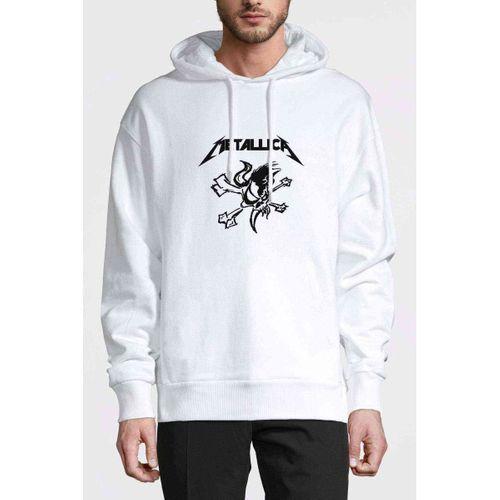 Metallica Skull Baskılı Beyaz Erkek Kapşonlu Sweatshirt
