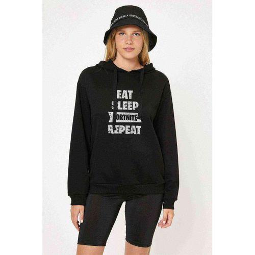 Fortnıte Baskılı Siyah Kadın Kapşonlu Sweatshirt