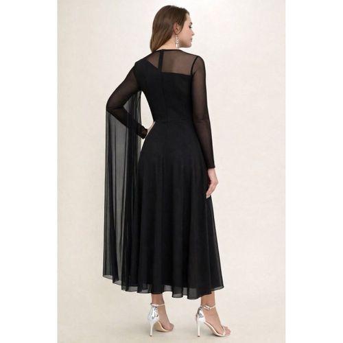 Kadın Uzun Kollu Yarı Balıkçı Yaka Tül Detaylı Uzun Sandy Elbise