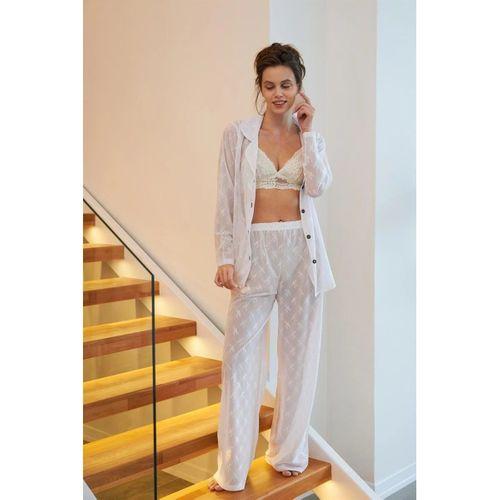 Kadın Beyaz Şeffaf Jakar Düğmeli Pijama Takımı