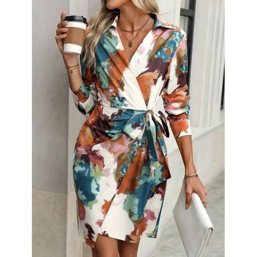 Kadın Uzun Kollu Yakalı Yandan Bağlamalı Mini Desenli Modal Elbise