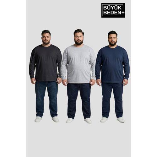 Erkek Büyük Beden 3 lü Set Uzun Kollu 2 İplik Bisiklet Yaka Tişört SPR26BEA942+3